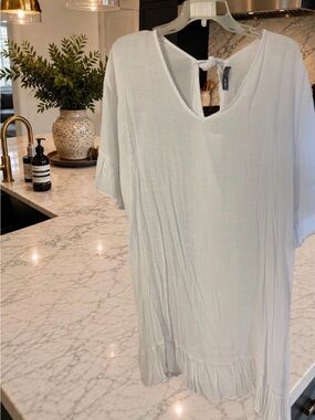 SHEIN White V-Neck Short Sleeve Ruffle-Hem long Tunic/mini dress  ( mid thigh)